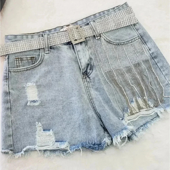 Bling Distressed Blue Jean Shorts with Rhinestones - Picture 1 of 2